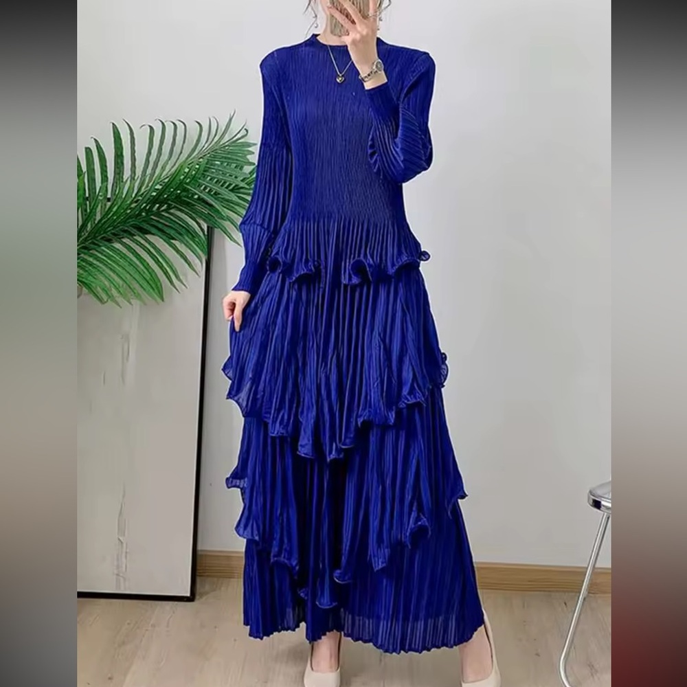 Blue Pleated Ruffle Dress
